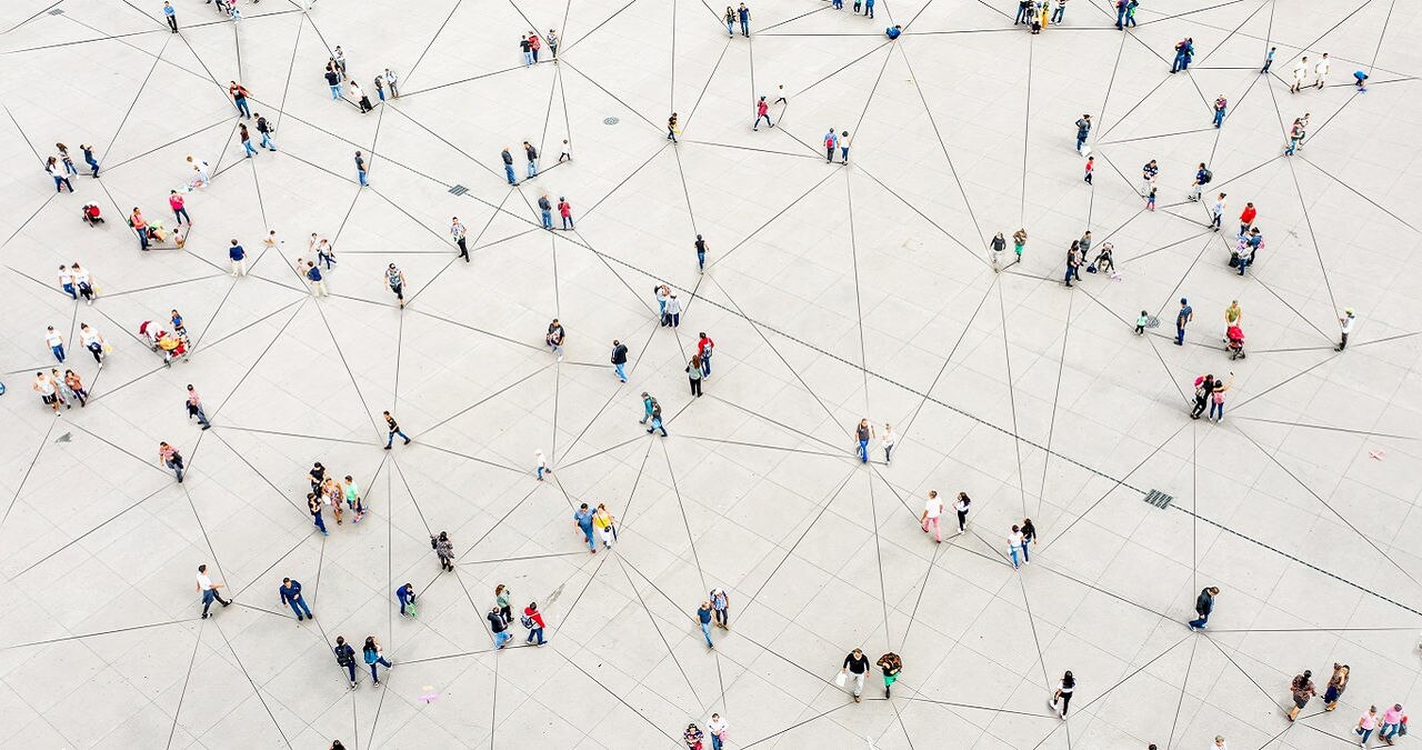 Aerial view of crowd connected by lines